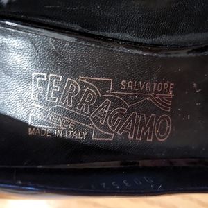 Salvatore Ferragamo black patent kitten heels with peep toe and bow. 7.5 2A